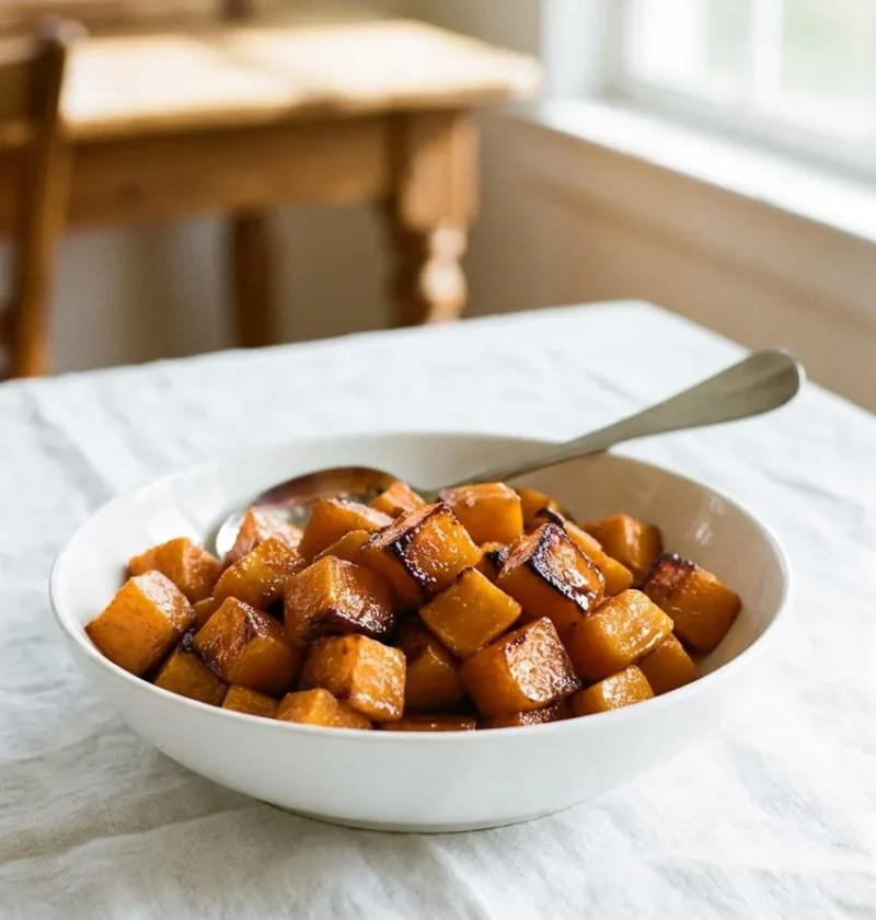 Ina Garten caramelized butternut squash cubes roasted golden brown with glazed edges on a sheet pan