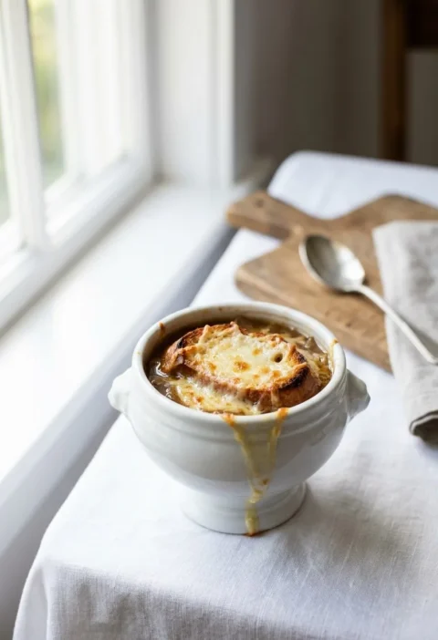 A bowl of Ina Garten French onion soup with golden caramelized onions in a rich broth topped with Parmesan cheese