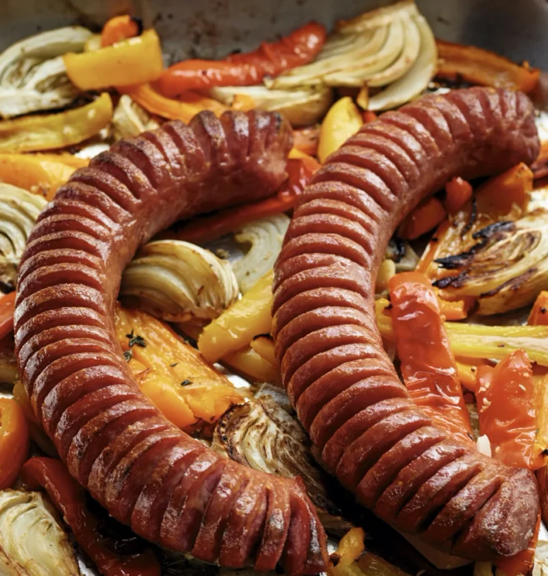 Ina Garten hasselback kielbasa on a roasting pan with roasted peppers, fennel, and onions glazed with honey mustard