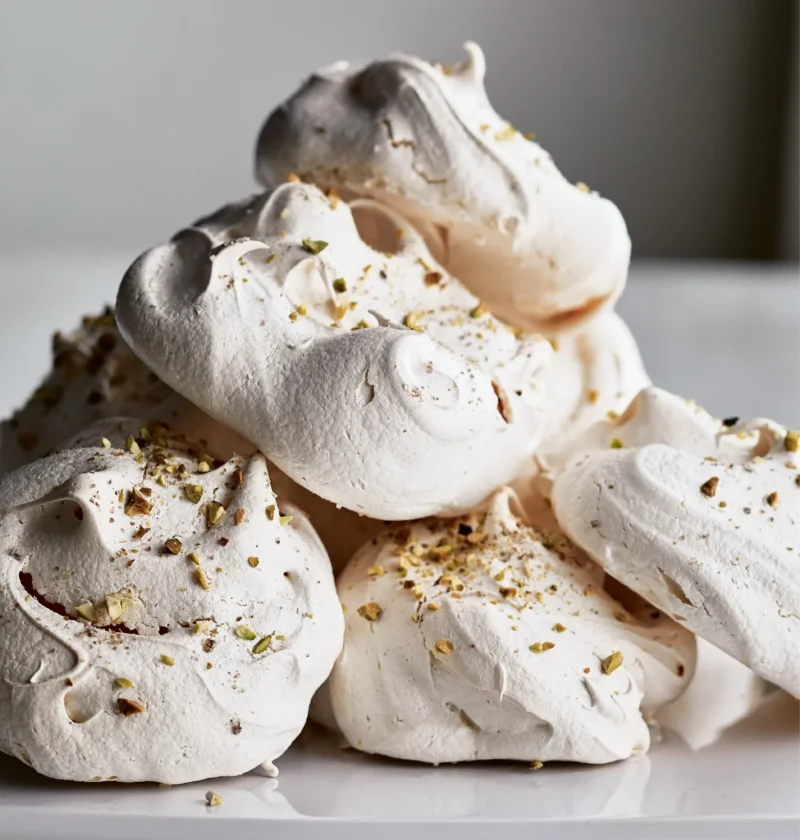 Ina Garten salted pistachio meringues stacked on a white platter with chopped pistachios on top