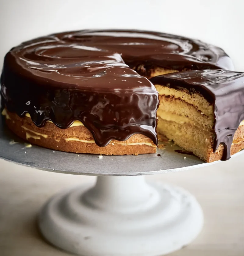 Ina Garten boston cream pie with chocolate glaze dripping down the sides of a four-layer vanilla cake
