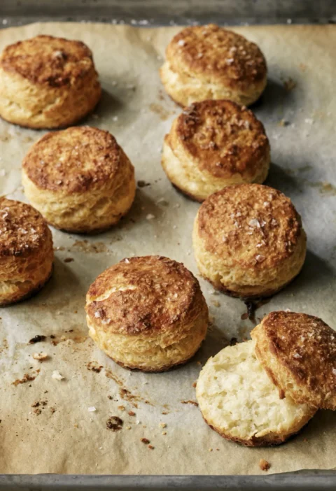 Golden buttermilk biscuits with flaked sea salt on top, arranged on a parchment-lined sheet pan, Ina Garten buttermilk biscuits recipe