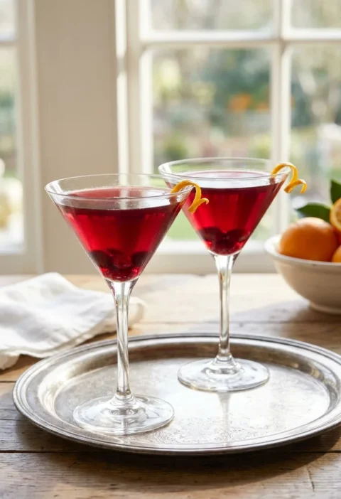 Two cranberry martinis in chilled glasses garnished with fresh cranberries and orange zest, Ina Garten cranberry martinis recipe