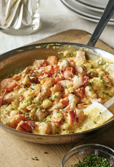 A plate of creamy scrambled eggs with lobster and crab, garnished with fresh chives, Ina Garten creamy eggs with lobster and crab recipe
