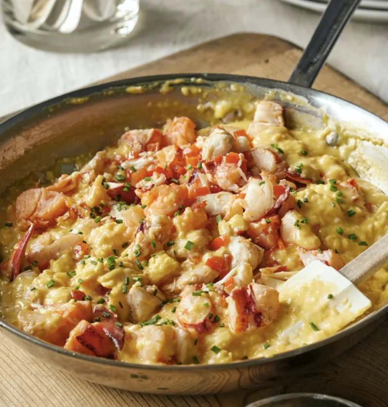 A plate of creamy scrambled eggs with lobster and crab, garnished with fresh chives, Ina Garten creamy eggs with lobster and crab recipe