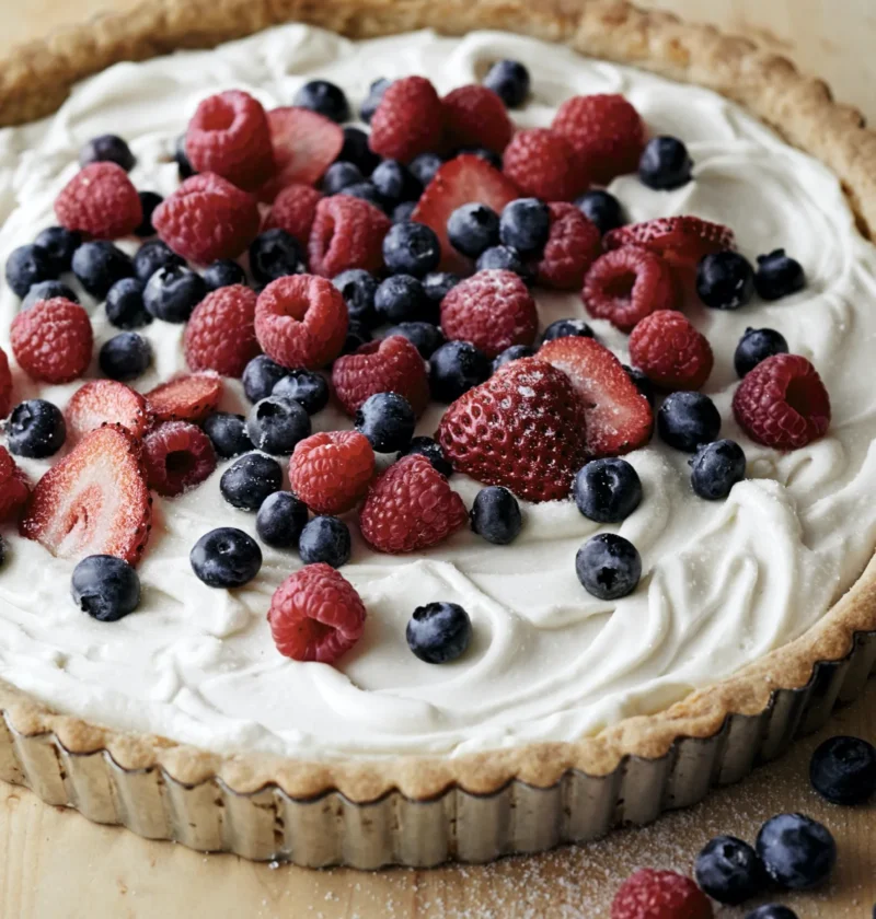 A fresh berry and mascarpone tart topped with sliced strawberries, raspberries, and blueberries on a golden shortbread crust