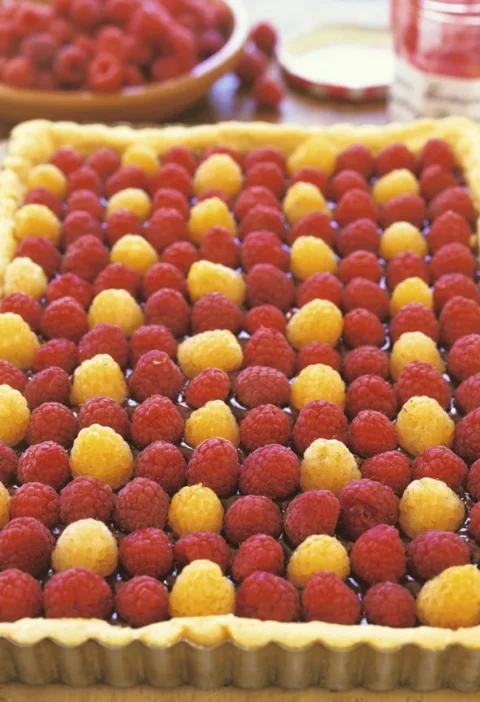 Ina Garten raspberry tart with fresh raspberries arranged in rows on a golden shortbread crust