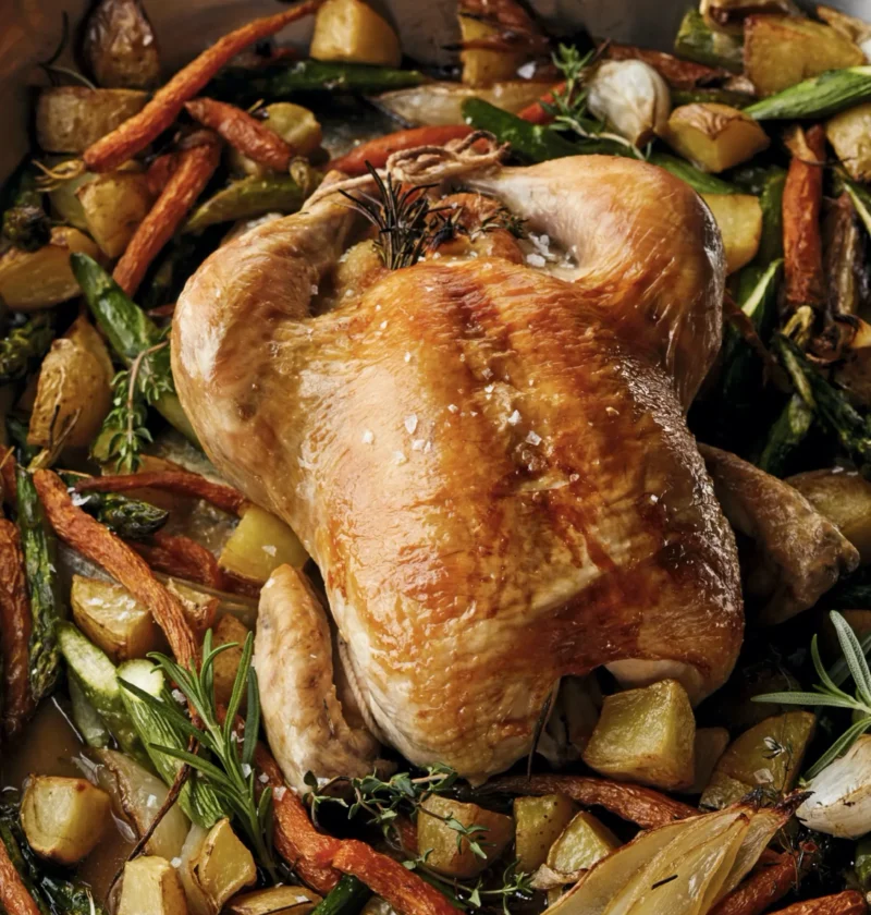 Roast chicken with spring vegetables including carrots, potatoes, and asparagus in a roasting pan, an Ina Garten roast chicken recipe