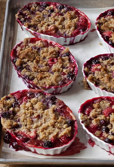 Individual tri-berry crumbles in white ramekins with bubbly blueberry, raspberry, and strawberry filling topped with golden oat crumble, an ina garten tri-berry crumbles recipe