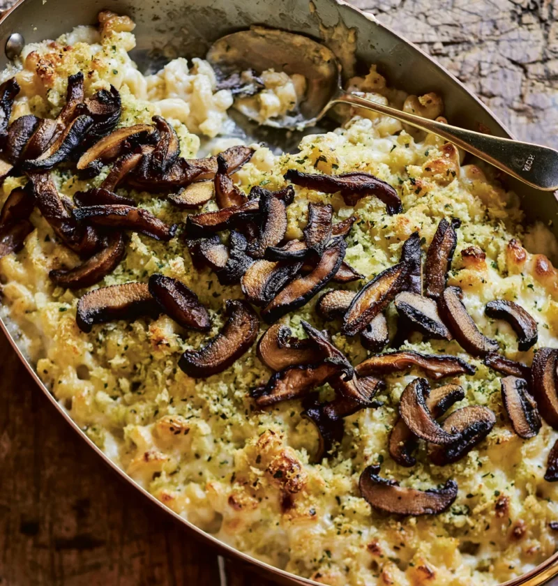 Truffled mac and cheese with sautéed mushrooms and herbed bread crumbs in a baking dish, showing the golden top and creamy pasta underneath