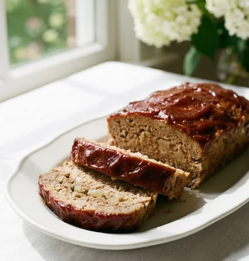 Sliced ina garten turkey meat loaf on a baking sheet topped with ketchup glaze