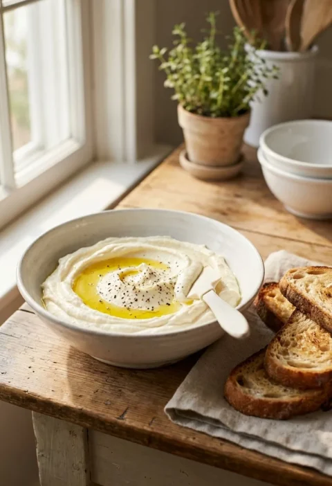 A bowl of smooth whipped feta dip made with Greek feta and cream cheese, Ina Garten whipped feta recipe
