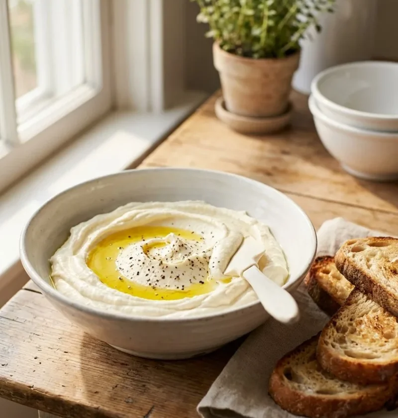 A bowl of smooth whipped feta dip made with Greek feta and cream cheese, Ina Garten whipped feta recipe