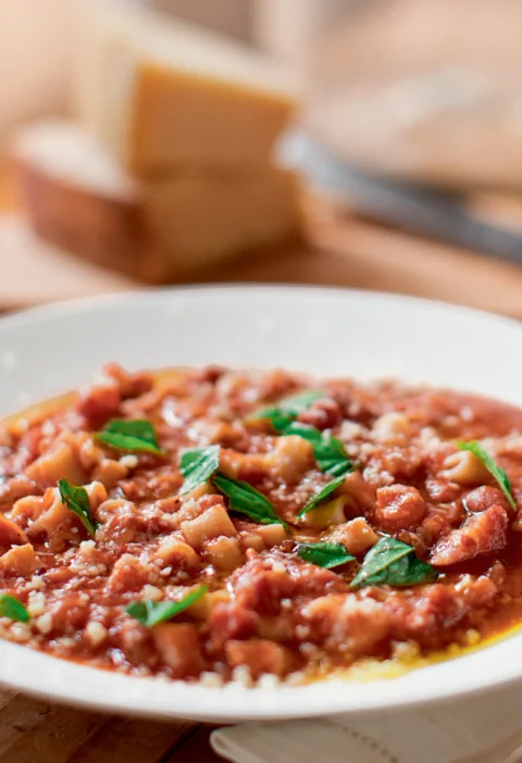 Ina Garten 16 bean pasta e fagioli in a white bowl with ditalini, red tomato broth, fresh basil and grated Parmesan