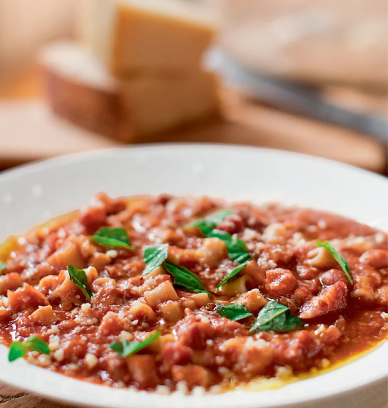 Ina Garten 16 bean pasta e fagioli in a white bowl with ditalini, red tomato broth, fresh basil and grated Parmesan