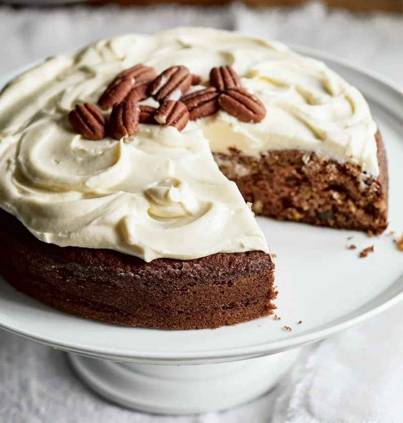 Ina Garten applesauce cake with bourbon raisins topped with swirled cream cheese frosting and pecan halves on a white cake stand, with a slice removed