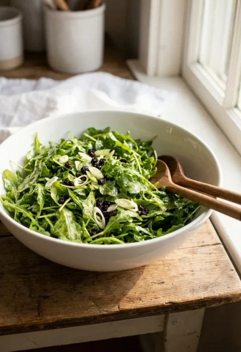 Ina Garten arugula salad with scallions and currants in a large white bowl with wooden serving spoons