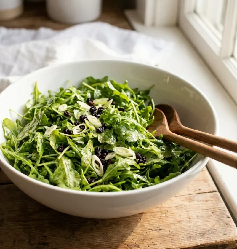 Ina Garten arugula salad with scallions and currants in a large white bowl with wooden serving spoons
