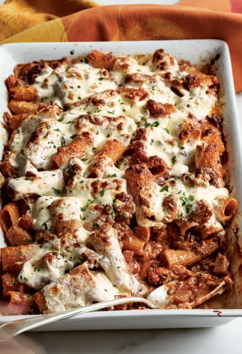 Ina Garten baked rigatoni with lamb ragù topped with melted mozzarella in a white baking dish with a serving spoon