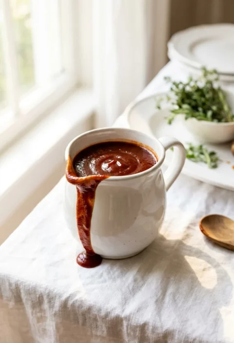 Ina Garten barbecue sauce dripping down the side of a white ceramic mug on a linen-covered table
