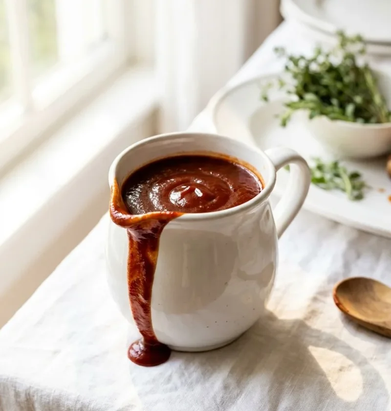 Ina Garten barbecue sauce dripping down the side of a white ceramic mug on a linen-covered table