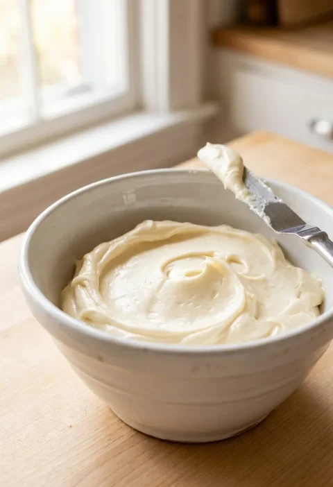 Ina Garten bourbon cream cheese frosting swirled in a white bowl with an offset spatula resting on the rim