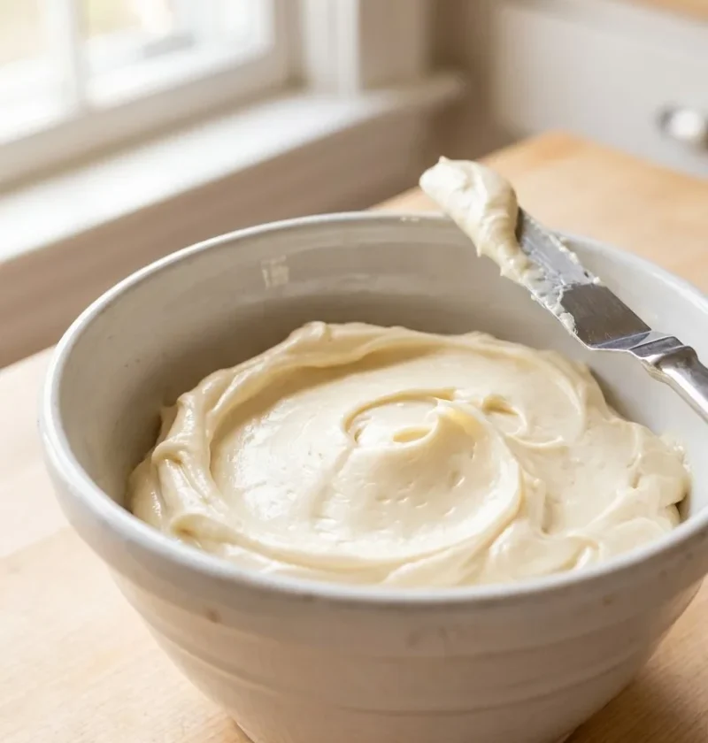 Ina Garten bourbon cream cheese frosting swirled in a white bowl with an offset spatula resting on the rim