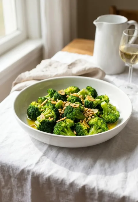 Ina Garten broccoli with garlic in a white bowl, tossed with browned garlic cloves and olive oil on a linen tablecloth