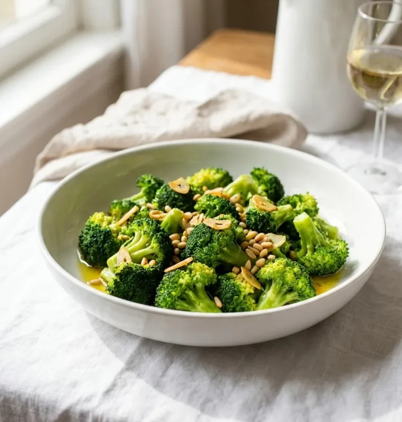 Ina Garten broccoli with garlic in a white bowl, tossed with browned garlic cloves and olive oil on a linen tablecloth