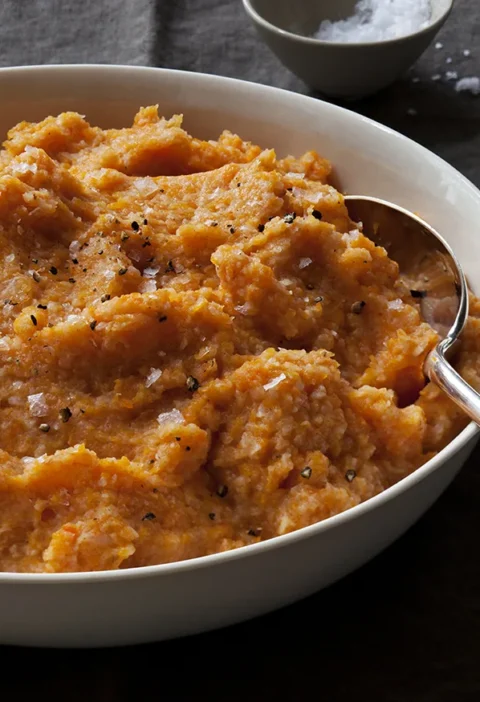 Ina Garten carrot and cauliflower purée in a white bowl with a serving spoon, topped with flaky salt and black pepper