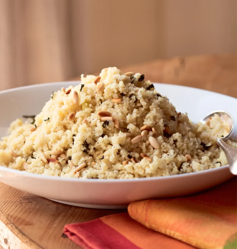 Ina Garten couscous with pine nuts and mint piled in a white bowl with toasted pine nuts and fresh mint
