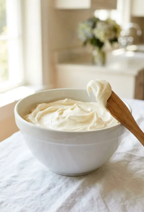Ina Garten cream cheese icing, smooth and creamy in a white mixing bowl with a wooden spoon lifting a swirl