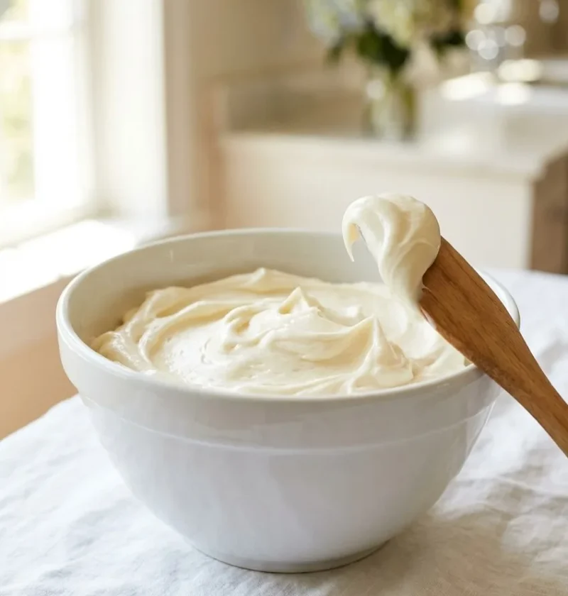 Ina Garten cream cheese icing, smooth and creamy in a white mixing bowl with a wooden spoon lifting a swirl