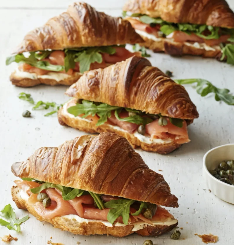 Ina Garten croissants with smoked salmon, mascarpone, capers and arugula on a white board