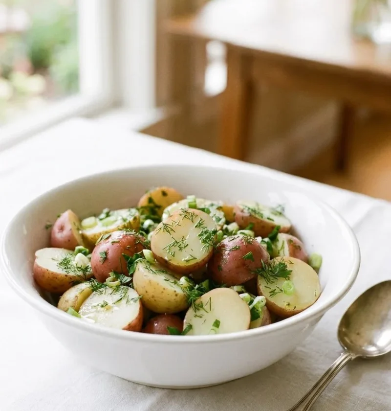 Ina Garten French potato salad with sliced red and white potatoes tossed with fresh dill and scallions in a white bowl