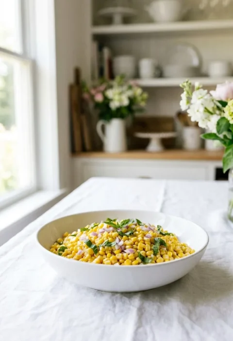Ina Garten fresh corn salad with red onion and basil in a white bowl on a linen-covered table