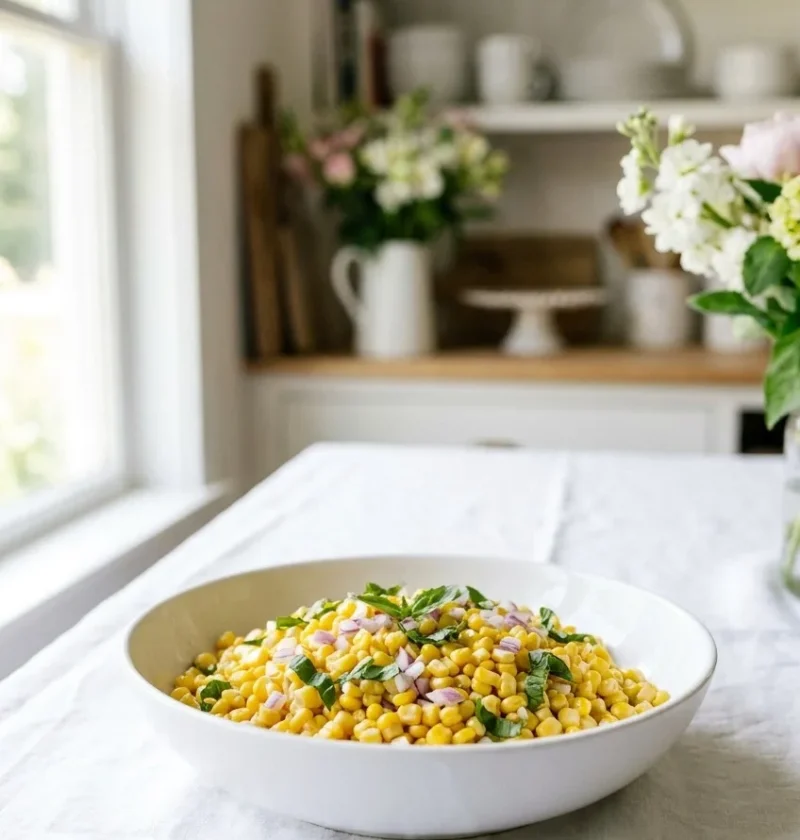 Ina Garten fresh corn salad with red onion and basil in a white bowl on a linen-covered table