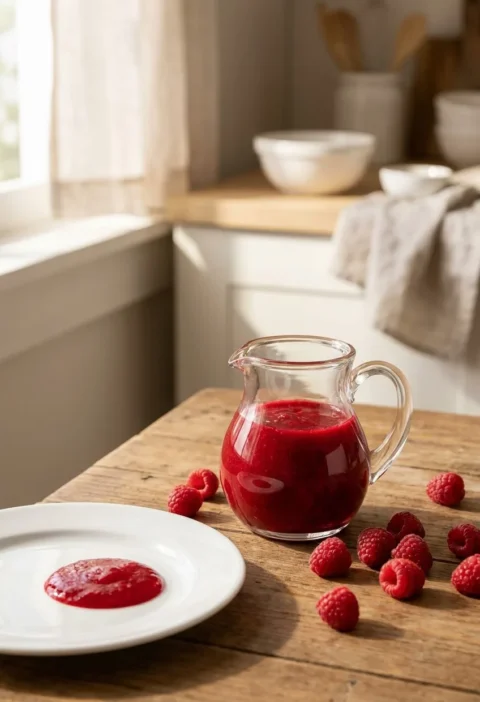 Ina Garten fresh raspberry sauce in a glass pitcher on a wooden table with fresh raspberries and a plate with a spoonful of sauce