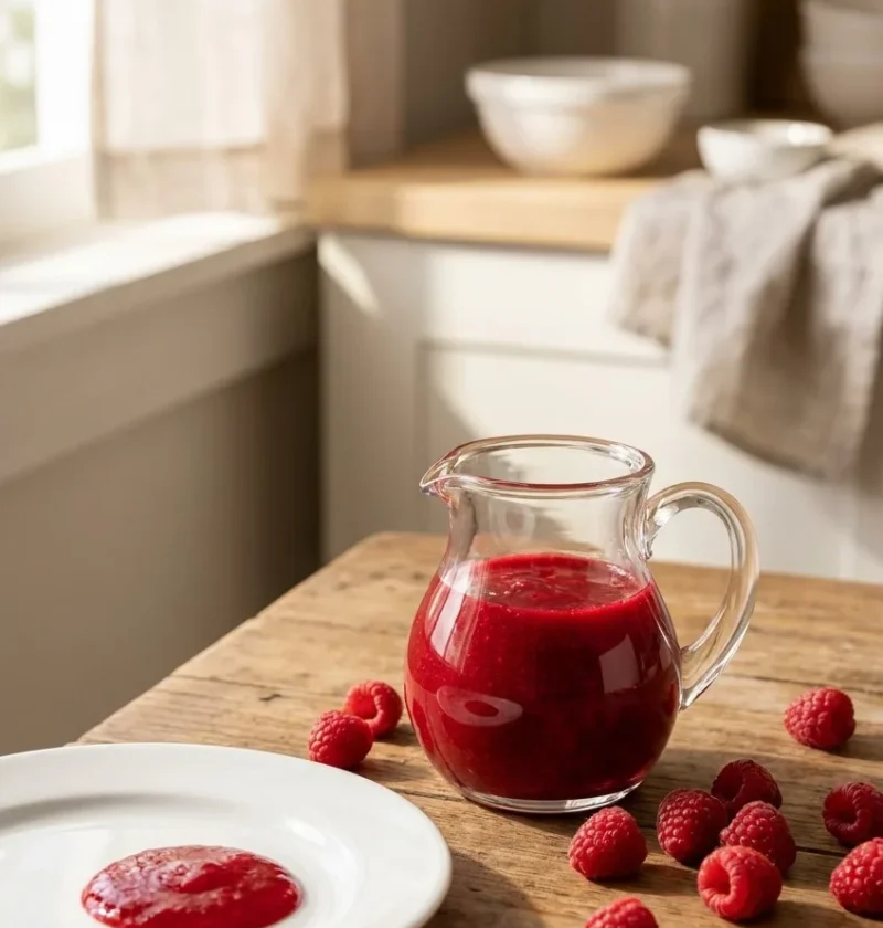 Ina Garten fresh raspberry sauce in a glass pitcher on a wooden table with fresh raspberries and a plate with a spoonful of sauce