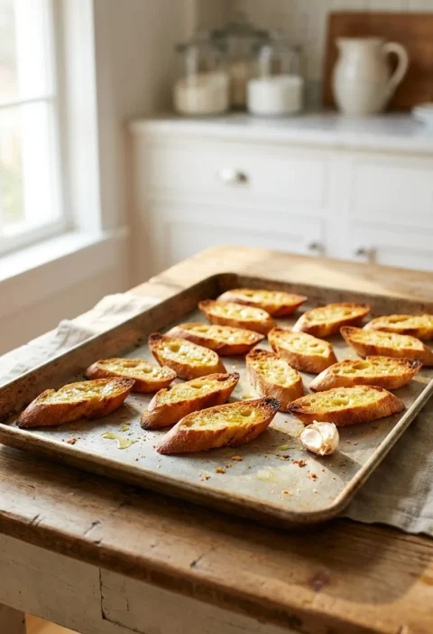 Ina Garten garlic toasts, golden baguette slices on a baking sheet with a halved garlic clove beside them