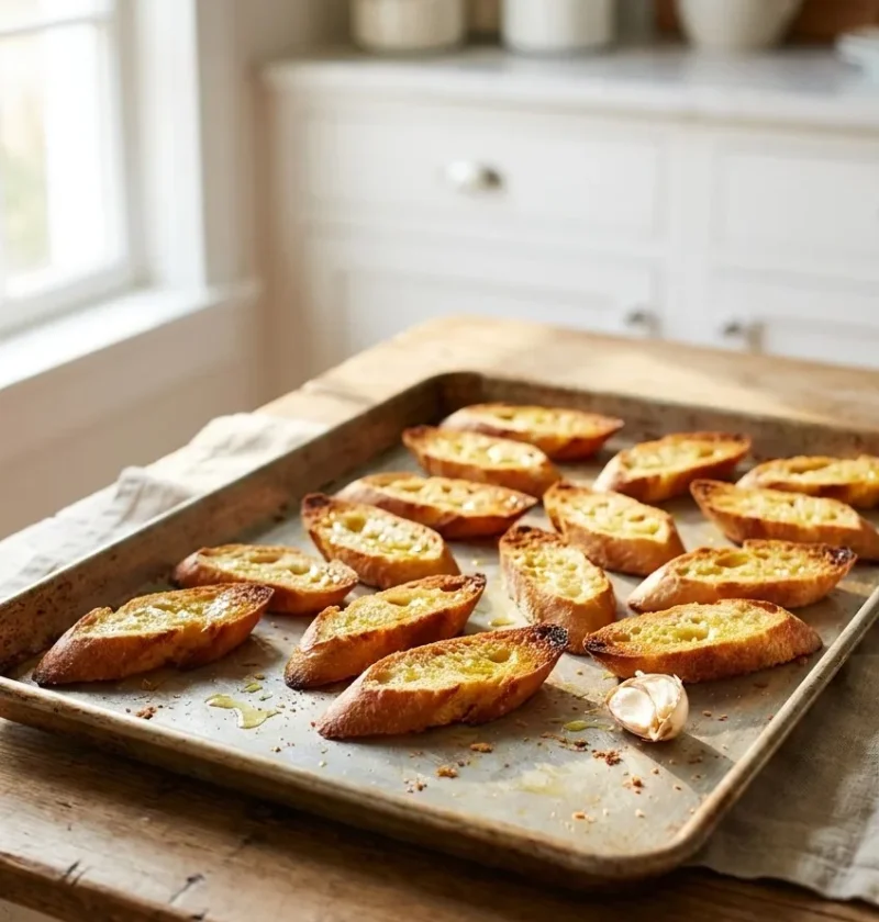 Ina Garten garlic toasts, golden baguette slices on a baking sheet with a halved garlic clove beside them