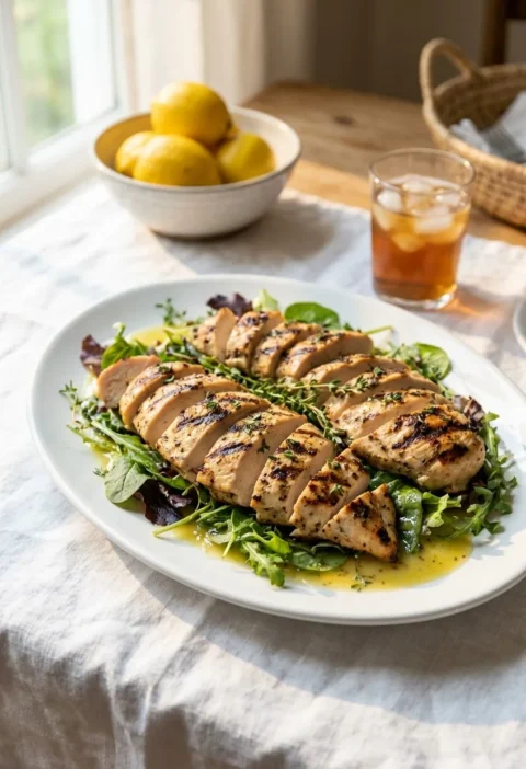 Ina Garten grilled lemon chicken salad with sliced grilled chicken breasts over mixed greens on a white platter