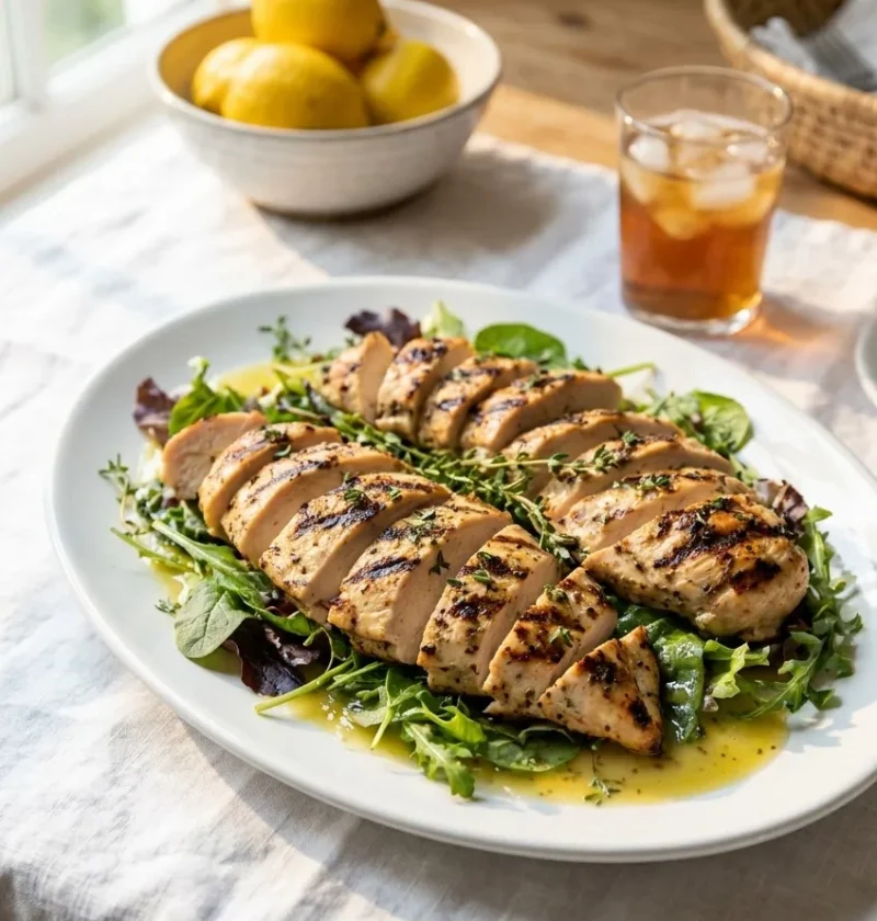 Ina Garten grilled lemon chicken salad with sliced grilled chicken breasts over mixed greens on a white platter