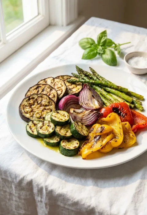 Ina Garten grilled vegetables platter with eggplant, zucchini, red onion, asparagus and bell peppers on a white plate
