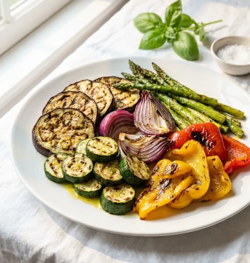 Ina Garten grilled vegetables platter with eggplant, zucchini, red onion, asparagus and bell peppers on a white plate