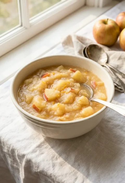 Ina Garten homemade applesauce in a cream bowl with a spoon, next to fresh red apples on a windowsill