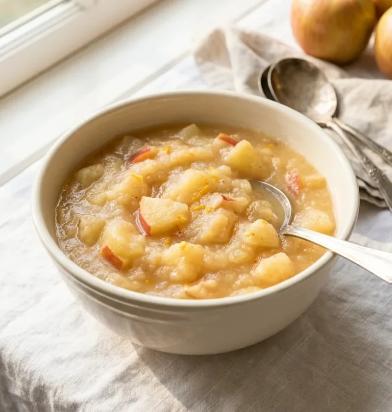 Ina Garten homemade applesauce in a cream bowl with a spoon, next to fresh red apples on a windowsill