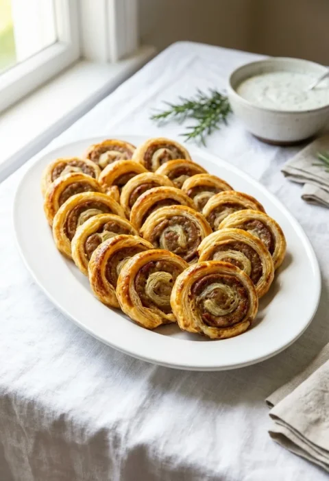 Ina Garten lamb sausage in puff pastry sliced into golden spirals on a white oval platter next to a bowl of creamy dip