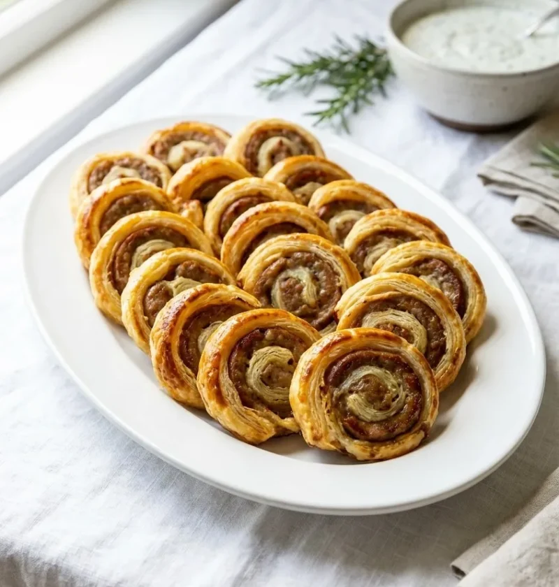 Ina Garten lamb sausage in puff pastry sliced into golden spirals on a white oval platter next to a bowl of creamy dip