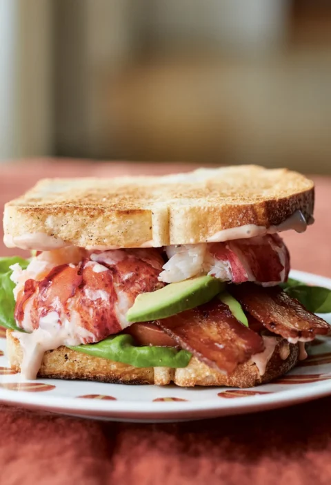 Ina Garten lobster BLTs with lobster meat, bacon, avocado, tomato and lettuce between toasted white bread on a plate